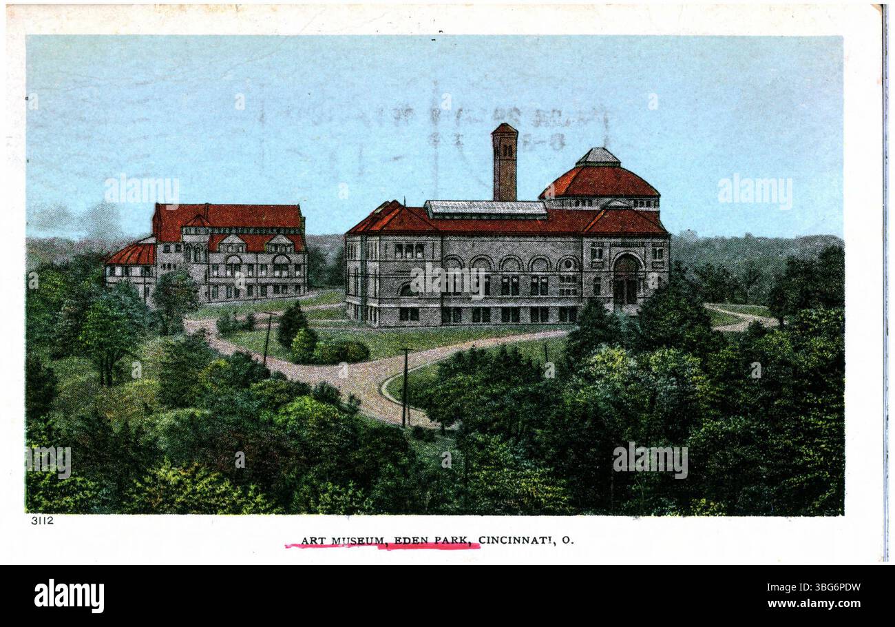 Dieses Bild aus dem Jahr 1909 zeigt das Kunstmuseum in Eden Park, Cincinnati, Ohio, und zeigt die klassische Architektur des Museums und seinen Platz im kulturellen Leben der Stadt. Stockfoto