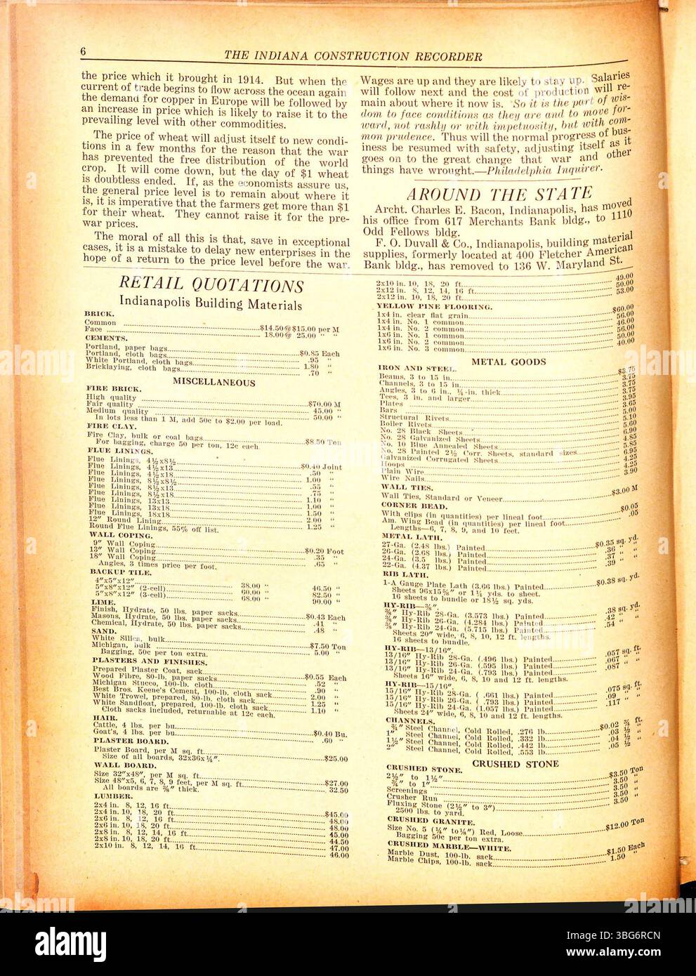 Am 14. Juni 1919 berichtet der Indiana Construction Recorder über vergebene Aufträge, neue Projekte, Materiallieferanten und Werbung für die Architekten und Bauunternehmer des Staates. Stockfoto