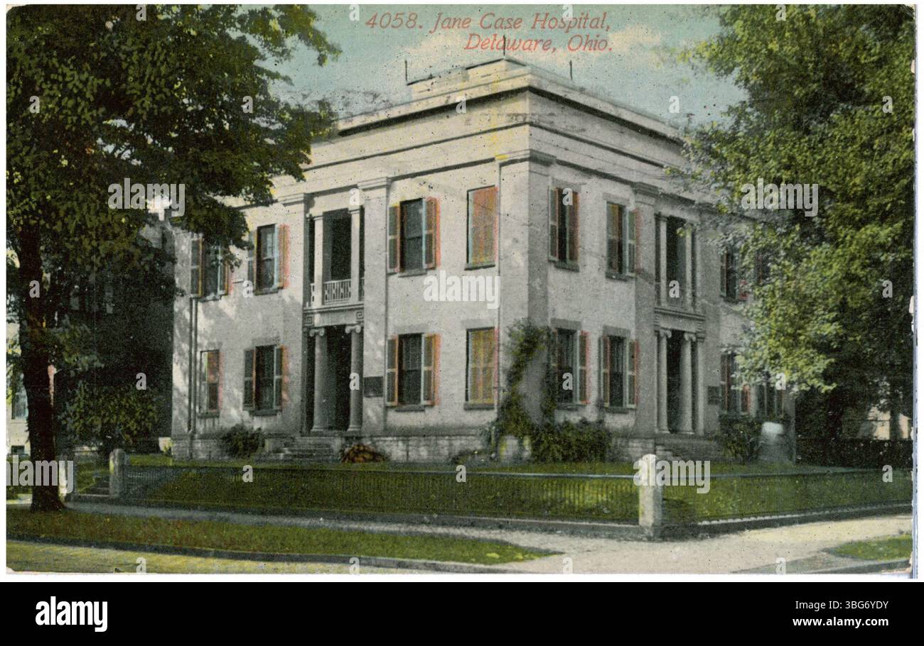 Eine 1914-Ansicht des Jane Case Hospital in Delaware, Ohio, die das architektonische Design des Krankenhausgebäudes und seine Rolle als Gesundheitseinrichtung hervorhebt. Stockfoto