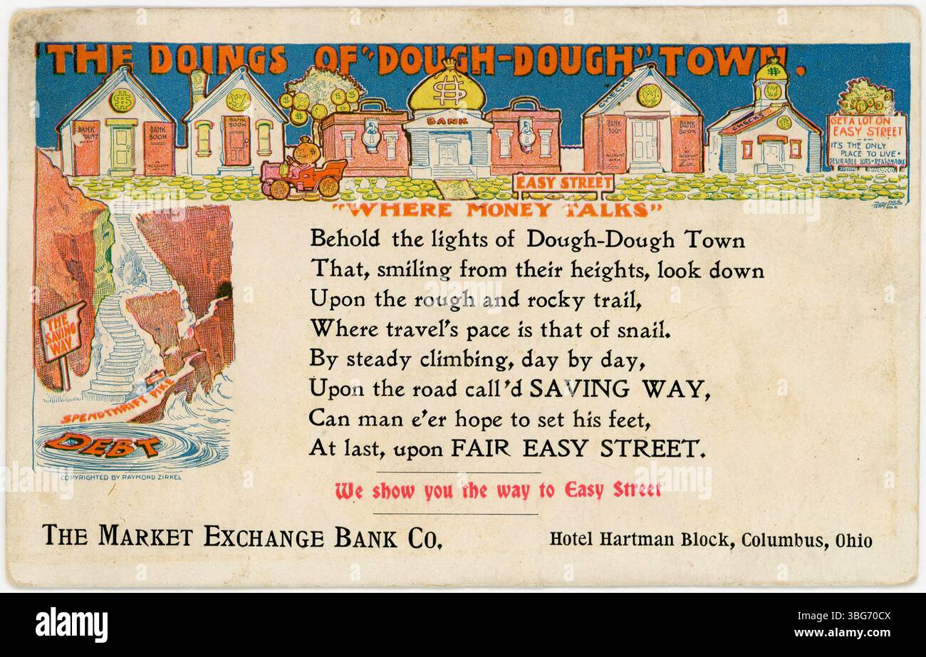 Eine farbige Postkarte aus den frühen 1900er Jahren, die für die Market Exchange Bank Company in Columbus, Ohio, wirbt. Sie veranschaulicht den Einfluss des Unternehmens auf die lokale Wirtschaft. Stockfoto