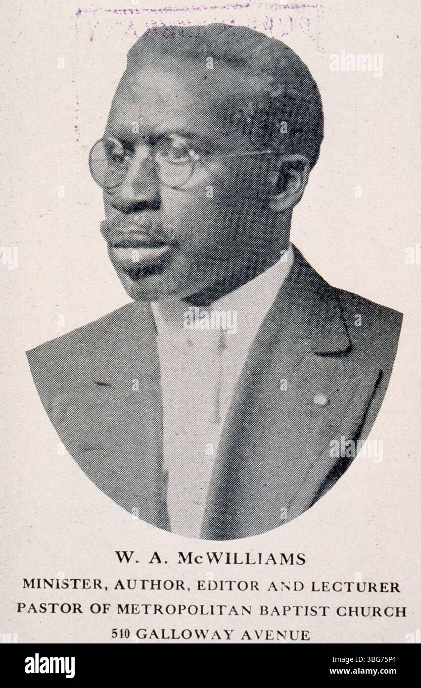 William A. McWilliams (1880–1960) war Pfarrer in mehreren Baptist Church in Ohio, darunter Union Grove Baptist Church und Oakley Baptist Church. 1919 stellte er den Columbus Illustrated Record zusammen, ein Verzeichnis von Schwarzen und prominenten Afroamerikanern in Columbus. Stockfoto