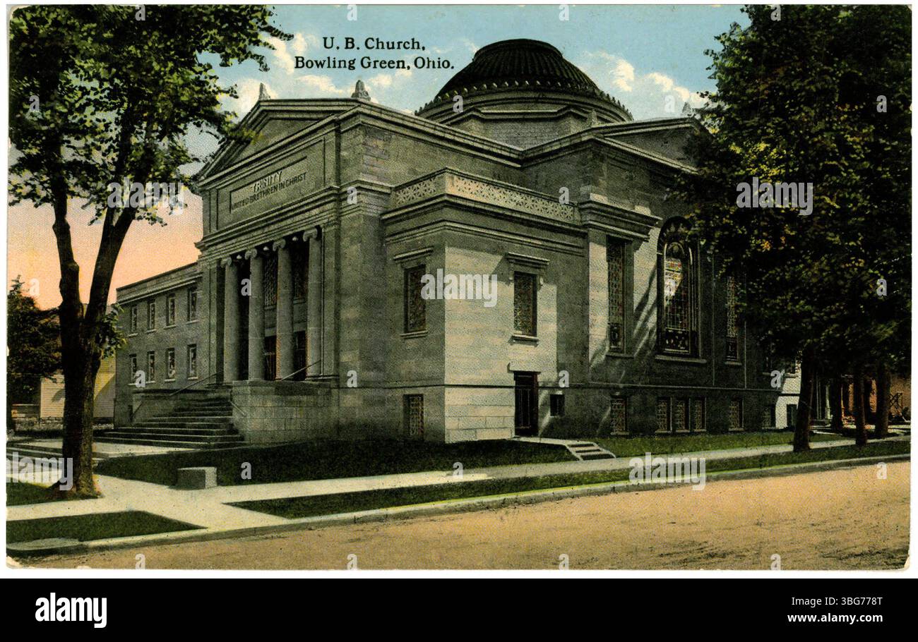 Die United Brethren Church in Bowling Green, Ohio, war 1915 ein religiöses Gemeindezentrum, das Gottesdienste und Gemeindeversammlungen anbot. Stockfoto