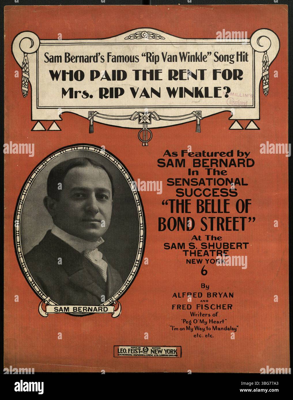 Das Cover von „Who paid the Rent for Mrs. Rip Van Winkle“ aus dem Jahr 1914 enthält ein Porträt von Sam Bernard. Das Lied war ein beliebter Hit im Theater des frühen 20. Jahrhunderts und zeigte den kulturellen Einfluss der musikalischen Komödie zu dieser Zeit. Stockfoto