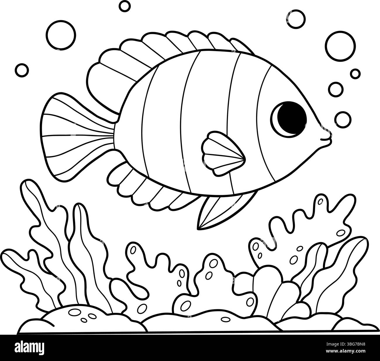 Gestreifte tropische Fische in Korallenriff und Algen. Ausmalseite. Linienzeichnung. Vektorabbildung. Kinderkollektion Stock Vektor