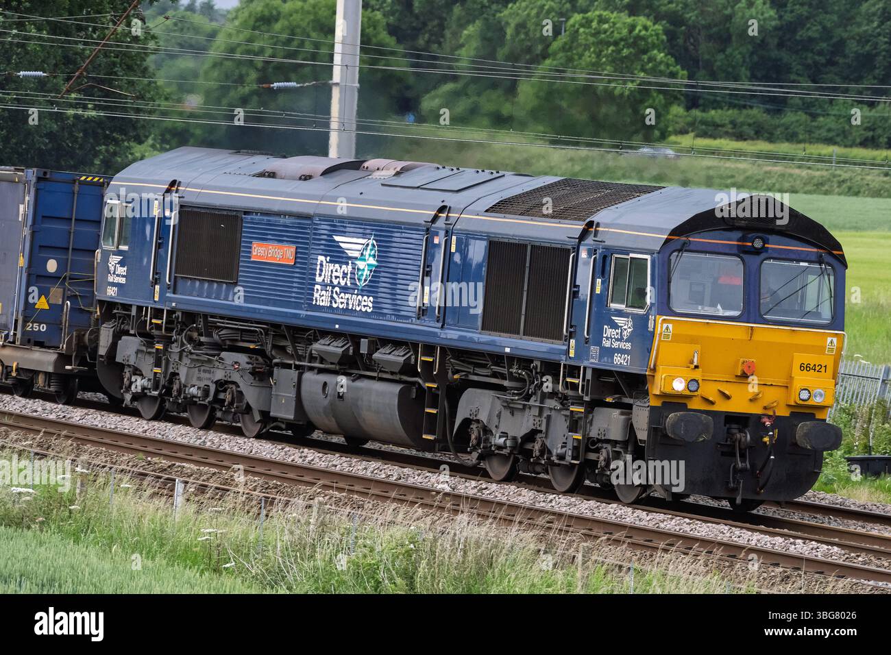 Direct Rail Services Class 66 Diesellokomotive Gresty Bridge TMG auf der Hauptstrecke der Westküste. Stockfoto