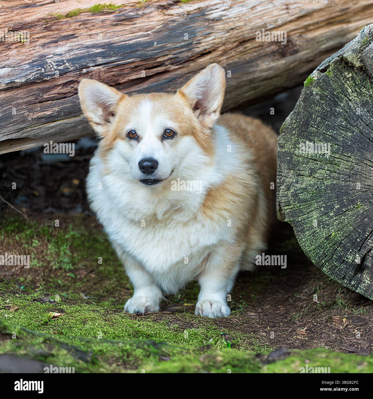 Pembroke Corgi bei einem umgestürzten Baum Stockfoto