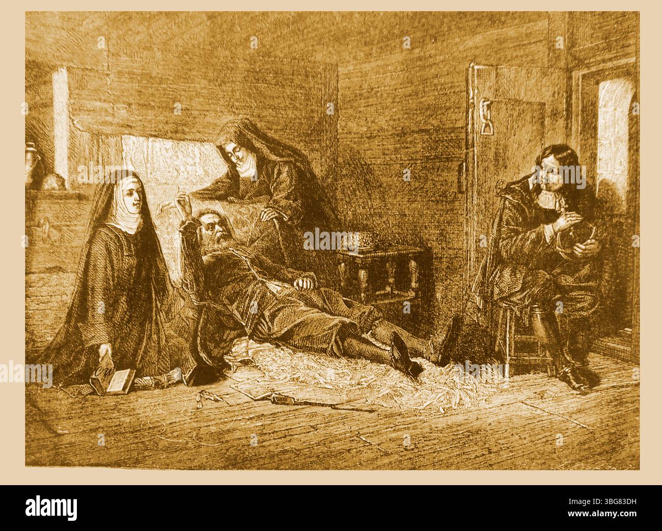 Ein alter Gravur, der Milton zeigt, wie er Galileo Galilei im Gefängnis besucht hat - der berühmte englische Dichter John Milton soll den berühmten italienischen Astronomen und Physiker besucht haben, als er während der Inquisition wegen Ketzerei in Arcetri, Florenz, Italien unter Hausarrest stand ----- Una vecchia incisione che mostra Milton in visita a Galileo Galilei in prigione - si dice che il famoso poeta inglese John Milton abbia visitato il celebre astronomo e fisico italiano quando era agli arresti domiciliari ad Arcetri, Firenze, Italia, durante l'Inquisizione per eresia - Stockfoto