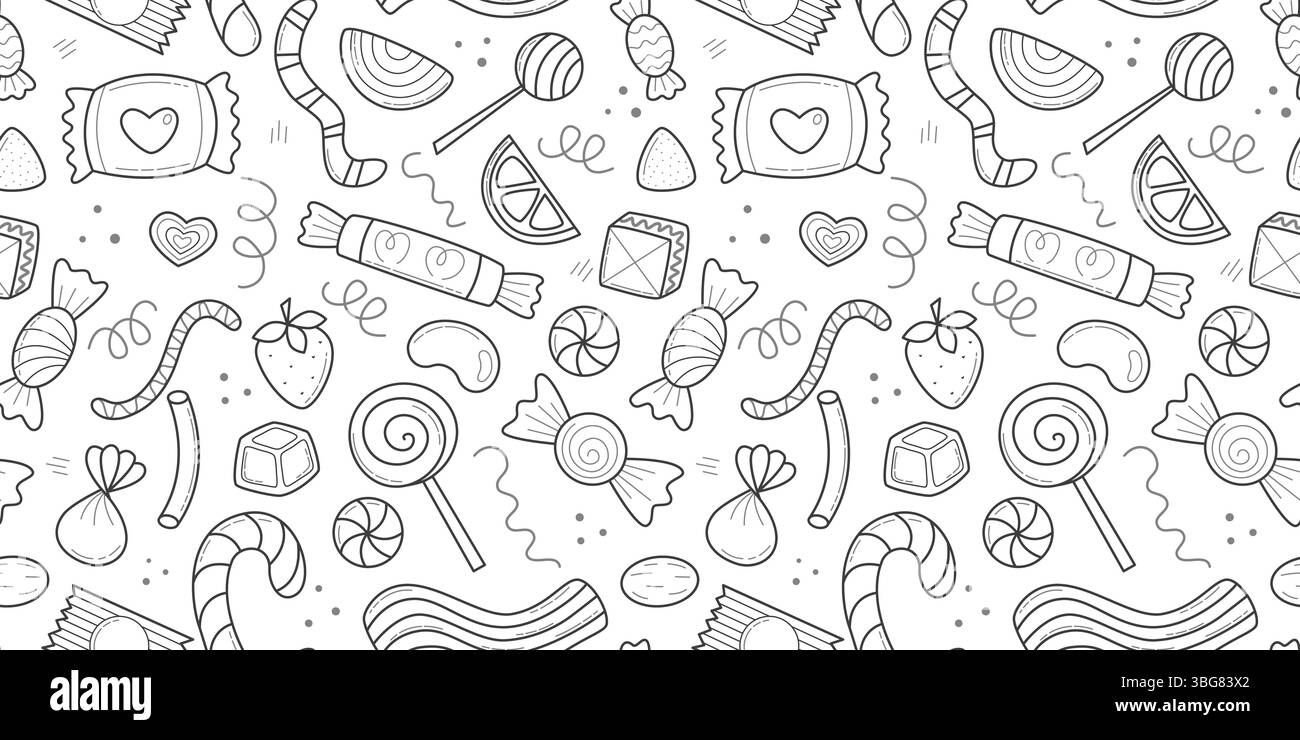 Handgezeichnete Süßigkeiten und Bonbons nahtloses Muster. Weißer Hintergrund mit Bonbons und Lutschern, Doodle-Sketch-Stil. Süßes Süßigkeiten, Vektorgrafik Stock Vektor