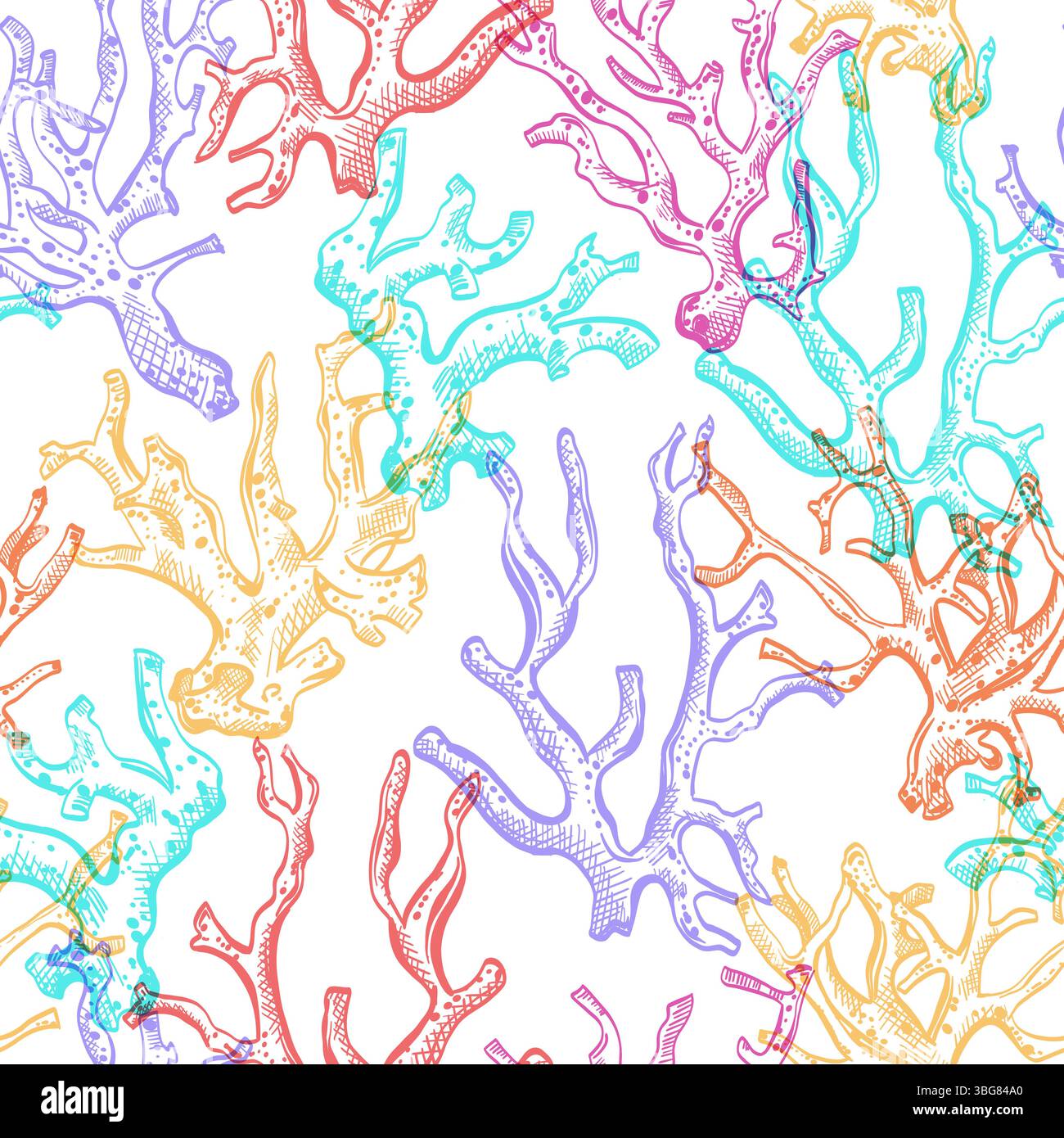 Mehrfarbige handgezeichnete Korallen auf weißem Hintergrund. Nahtloses Muster am Sommerstrand. Vektorskizze Illustration des Meeresriffs. Tropische Mode Textil prin Stock Vektor