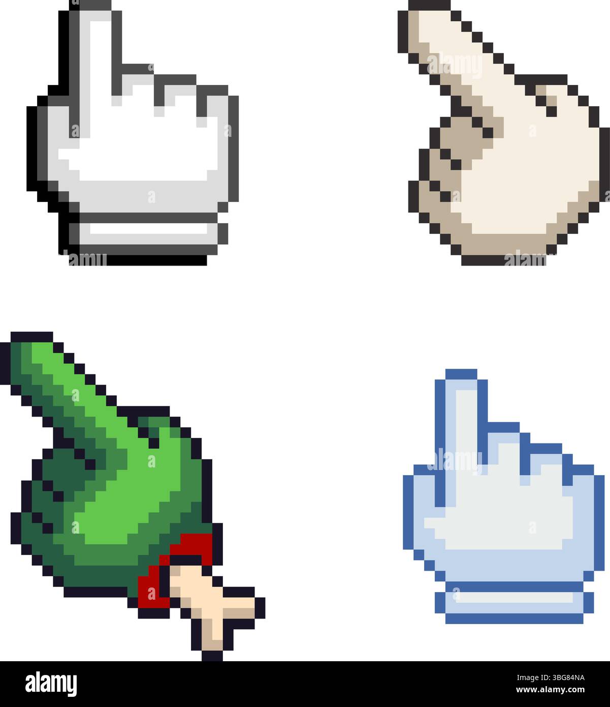 Pixelgrafik Set von Handcursorn in verschiedenen Stilen. Retro-Pointer-Symbole wie Zombie-, Classic-, Comic- und digitale Versionen. Isoliert auf weiß Stock Vektor