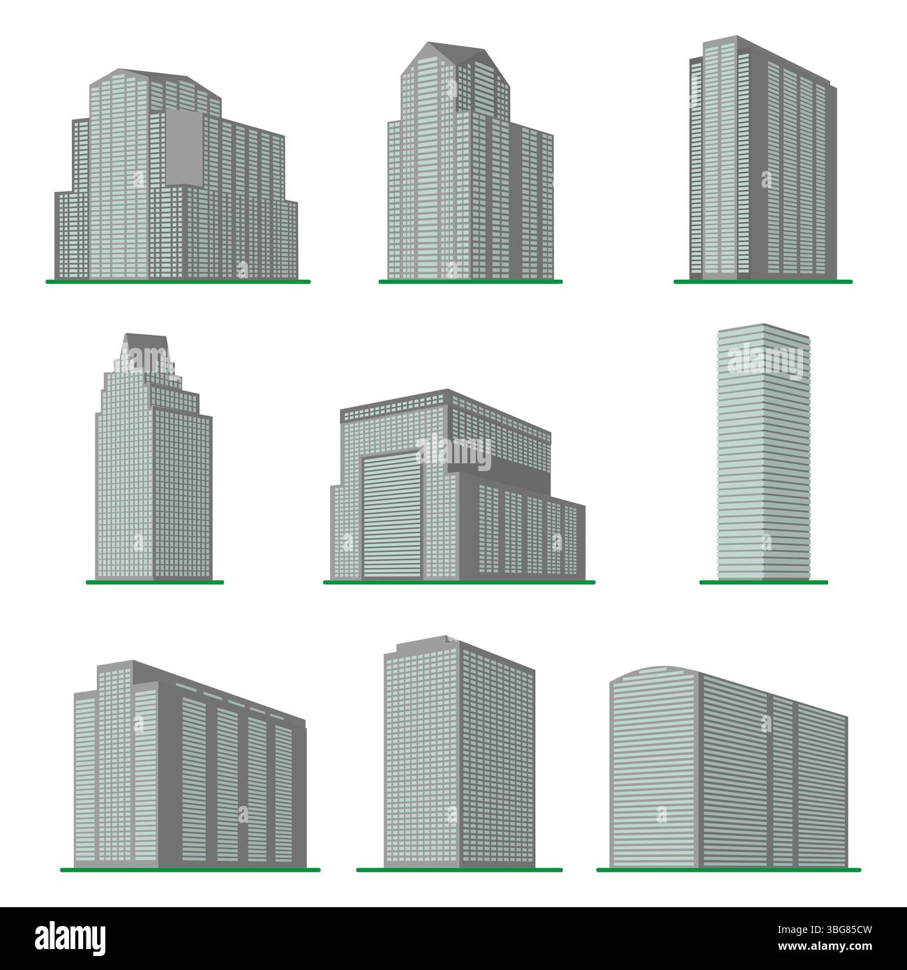 Neun moderne Hochhäuser auf weißem Hintergrund. Blick auf das Gebäude von unten. Abbildung des isometrischen Vektors. Stock Vektor