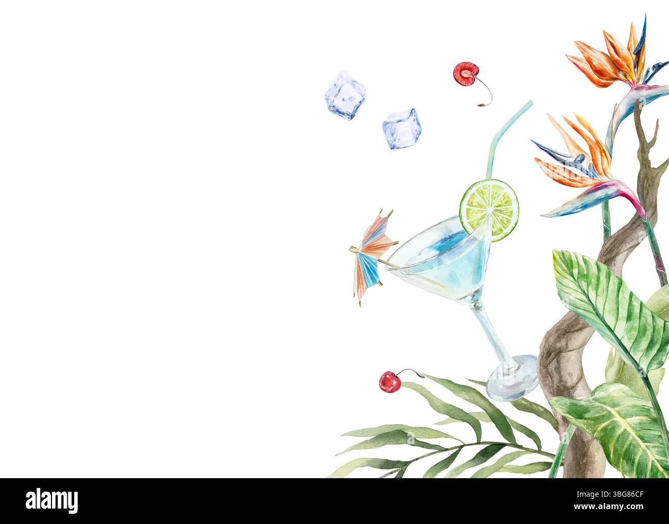 Tropischer blauer Cocktail im Glasbecher, Eiswürfel, exotische Blätter und Pflanzen. Handgezeichnete Aquarellillustration isoliert auf weiß. Für Postkarten, Invi Stockfoto