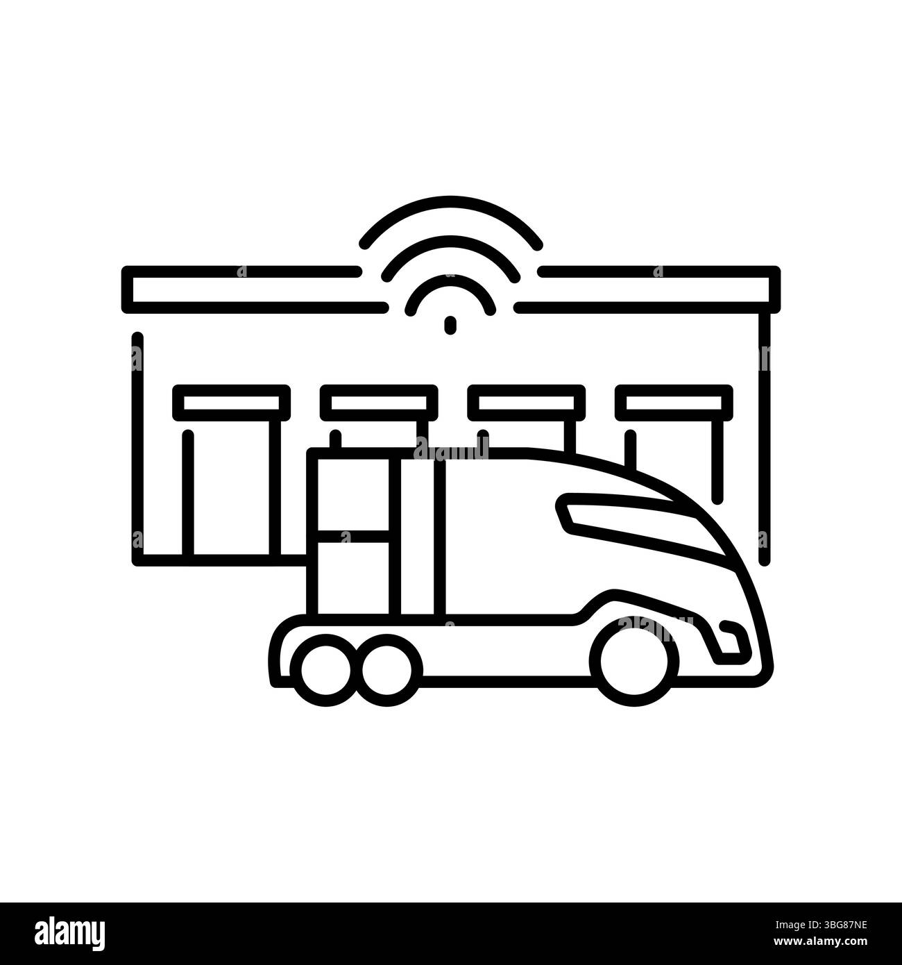 Intelligentes Logistikzentrum mit schwarzer Linie für Digital- und Druckprojekte. Minimale bereinigte Symbole für Apps und Websites. Moderne, einfache Symbole für UI UX und Marke Stock Vektor