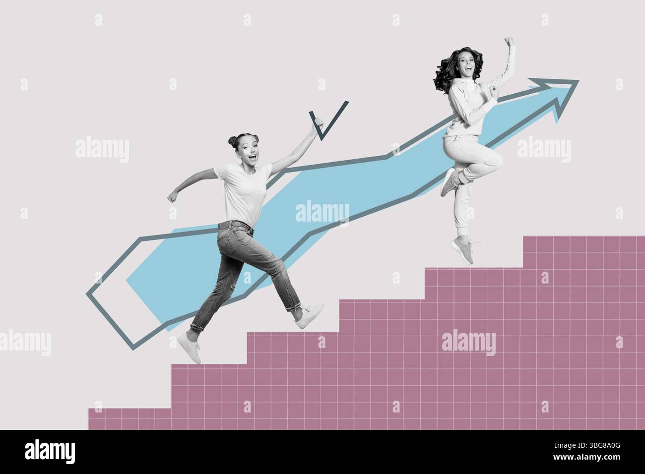 Collage zweier glücklicher Menschen, die Karrieretreppen mit Pfeil klettern, der Erfolg Wachstum und berufliche Leistung symbolisiert Stockfoto