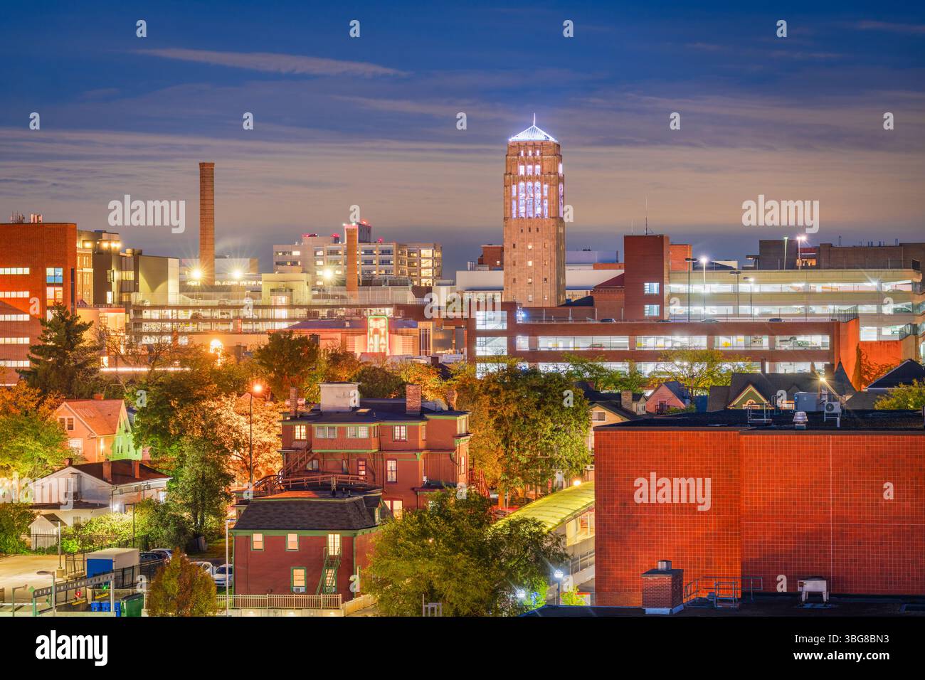 Die Skyline der Stadt Ann Arbor, Michigan, USA in der Dämmerung. Stockfoto