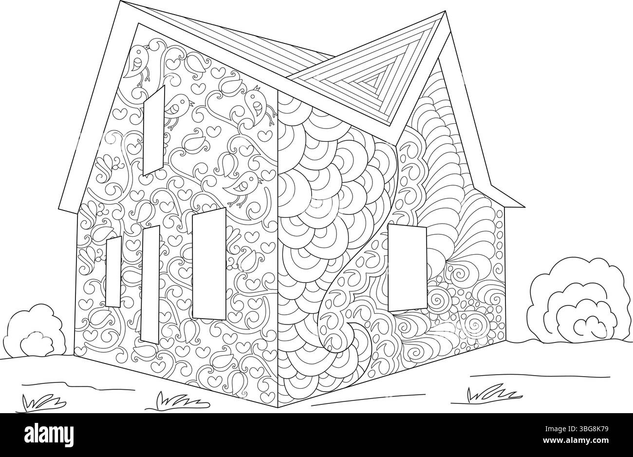 Eine schwarz-weiße Strichkunst-Illustration eines dekorativen Hauses mit komplizierten, von zentangle inspirierten Mustern an Wänden und Dach, in einem einfachen Landstrich Stock Vektor