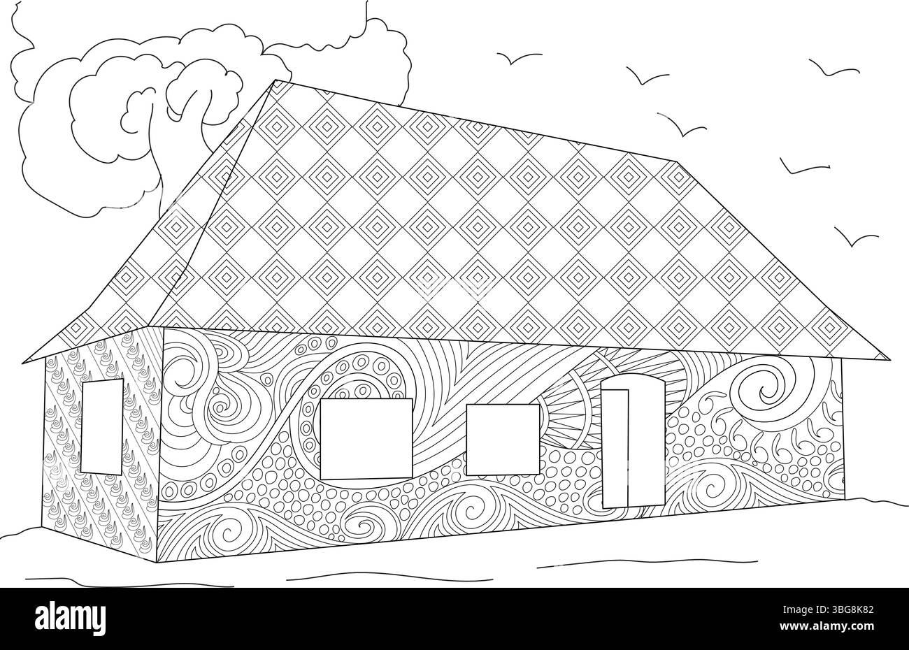Detaillierte Stylenkunst-Illustration eines Hauses mit dekorativen Mustern auf Dach und Wänden, geeignet zum Ausmalen von Buchseiten oder Designelementen. Schwarz und wh Stock Vektor