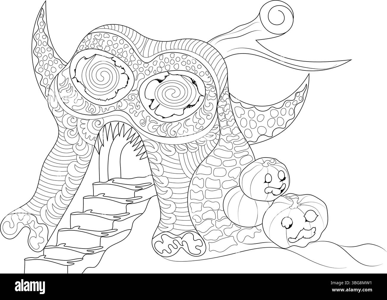 Schwarz-weiße Strichgrafik-Illustration für ein Malbuch mit einem fantastischen, monströsen Haus oder Wesen mit Stufen, die in den Mund führen, Aor Stock Vektor