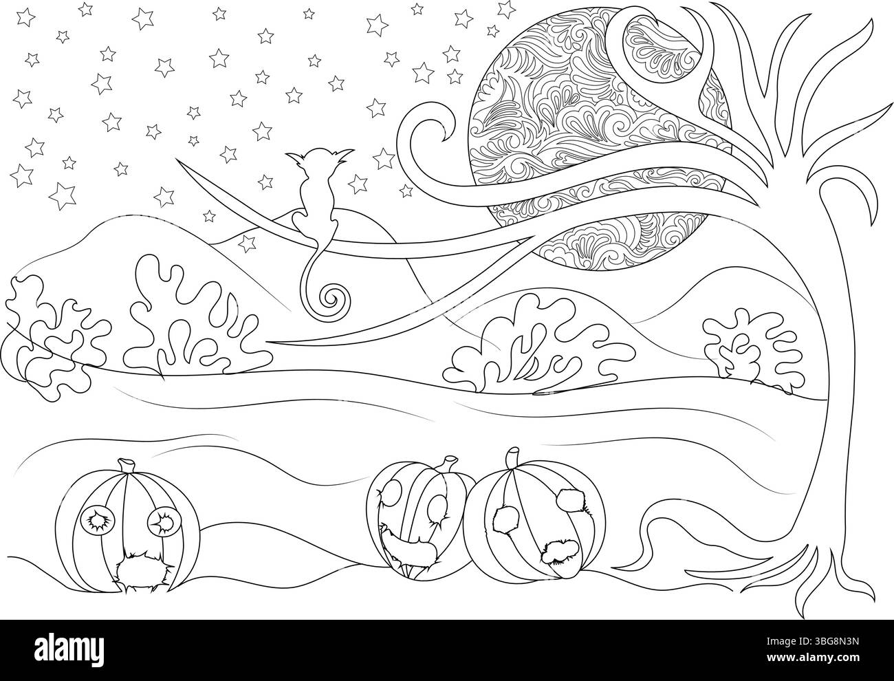 Strichkunstzeichnung einer Halloween-Nacht-Szene mit Kürbissen, einer Katze, die auf einem Zweig unter Vollmond sitzt, und Sternen mit einem Baum. Stock Vektor