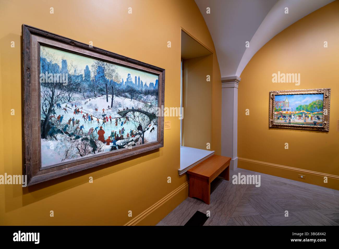 WASHINGTON, D.C. — „Skating in Central Park“ (1934), ein Gemälde von Agnes Tait, zeigt Wintererholung im legendären Park von New York City während der Großen Depression. Das Kunstwerk entstand im Rahmen des Public Works of Art Project (PWAP), eines der New Deal-Programme von Präsident Franklin Roosevelt, das Künstler in wirtschaftlichen Schwierigkeiten beschäftigen sollte. Tait, geboren 1894 in New York City und 1981 in Santa Fe, New Mexico, verstarb, nahm den amerikanischen Alltag und die Freizeit in schwierigen Zeiten auf. Das Gemälde befindet sich derzeit im Smithsonian American Art Museum, das übertragen wurde Stockfoto