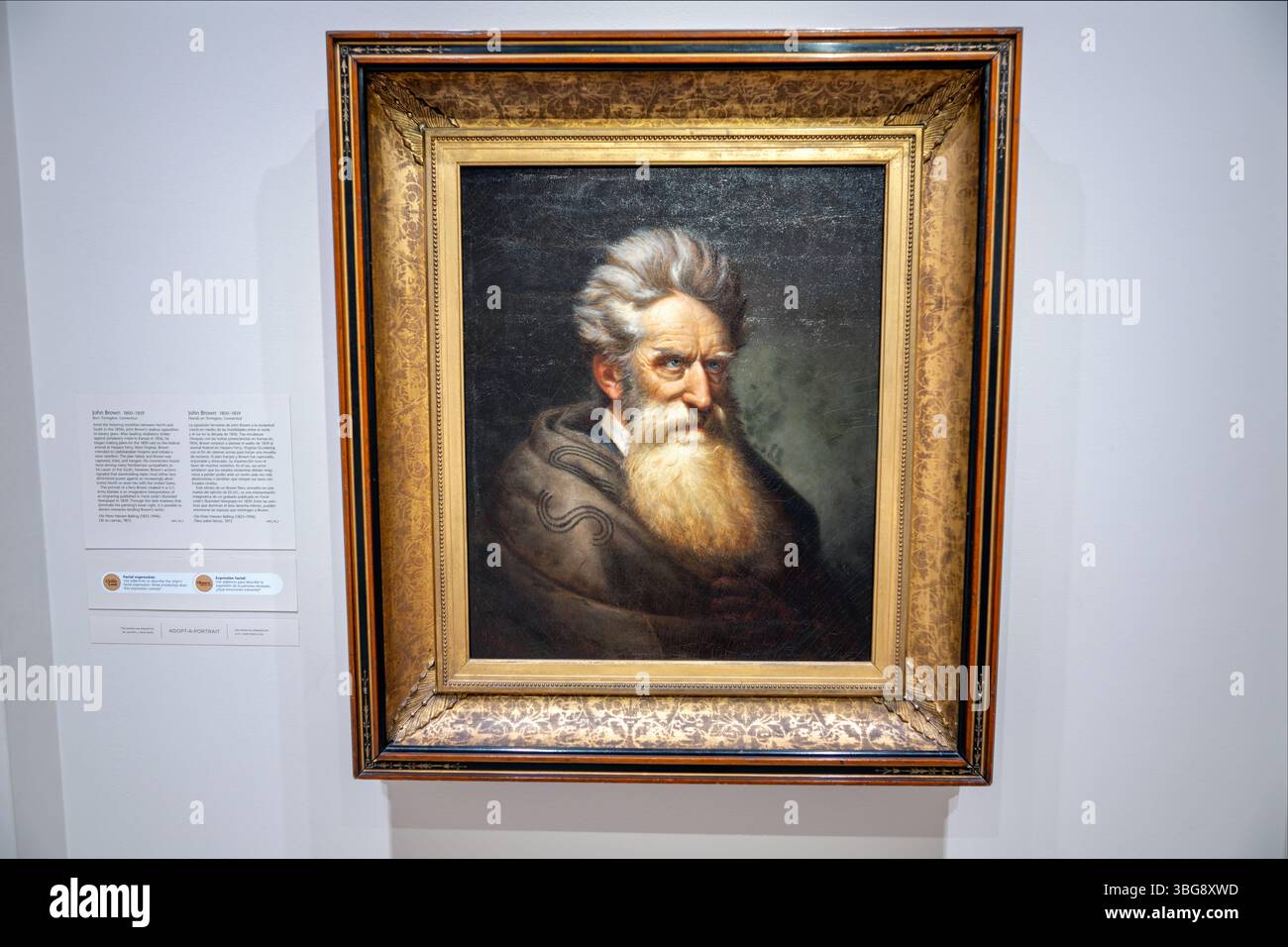 WASHINGTON DC – Ein Porträt des Abolitionisten John Brown (1800–1859) des norwegischen US-amerikanischen Künstlers Ole Peter Hansen Balling hängt in der Smithsonian National Portrait Gallery. Dieses Öl auf Leinwand aus dem Jahr 1872 zeigt Brown in eine Decke der US-Armee gewickelt, mit Manakeln, die an seinen Handgelenken in dunklen Schatten sichtbar sind. Das Porträt basiert auf einer Gravur, die 1859 in Frank Leslies Illustrated-Zeitung veröffentlicht wurde, nachdem Brown das Bundesarsenal bei Harpers Ferry gescheitert hatte, ein Versuch, Sklaven zu bewaffnen und eine Rebellion auszulösen. Brown wurde daraufhin gefangen genommen, vor Gericht gestellt und für seine Taten gehängt Stockfoto