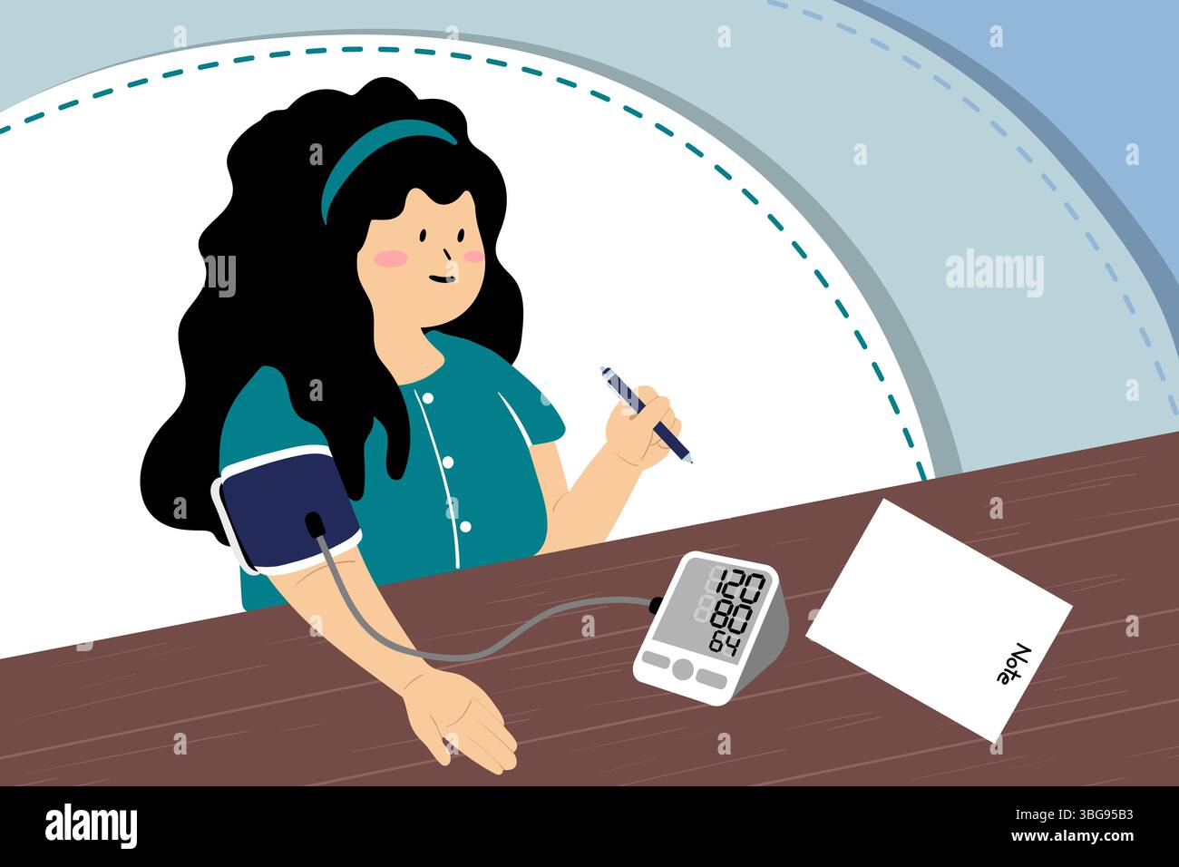 Eine gemütliche, minimalistische Illustration alltäglicher Momente mit Storytelling-Elementen. Eine Frau, die zu Hause ihren Blutdruck kontrolliert. Erfasst Gesundheit awar Stockfoto