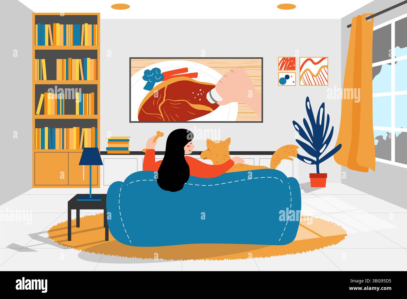 Eine gemütliche, minimalistische Illustration alltäglicher Momente mit Storytelling-Elementen. Eine Frau, die mit ihrem Hund fernsieht. Erfasst den Komfort des Wohnhauses und b Stockfoto