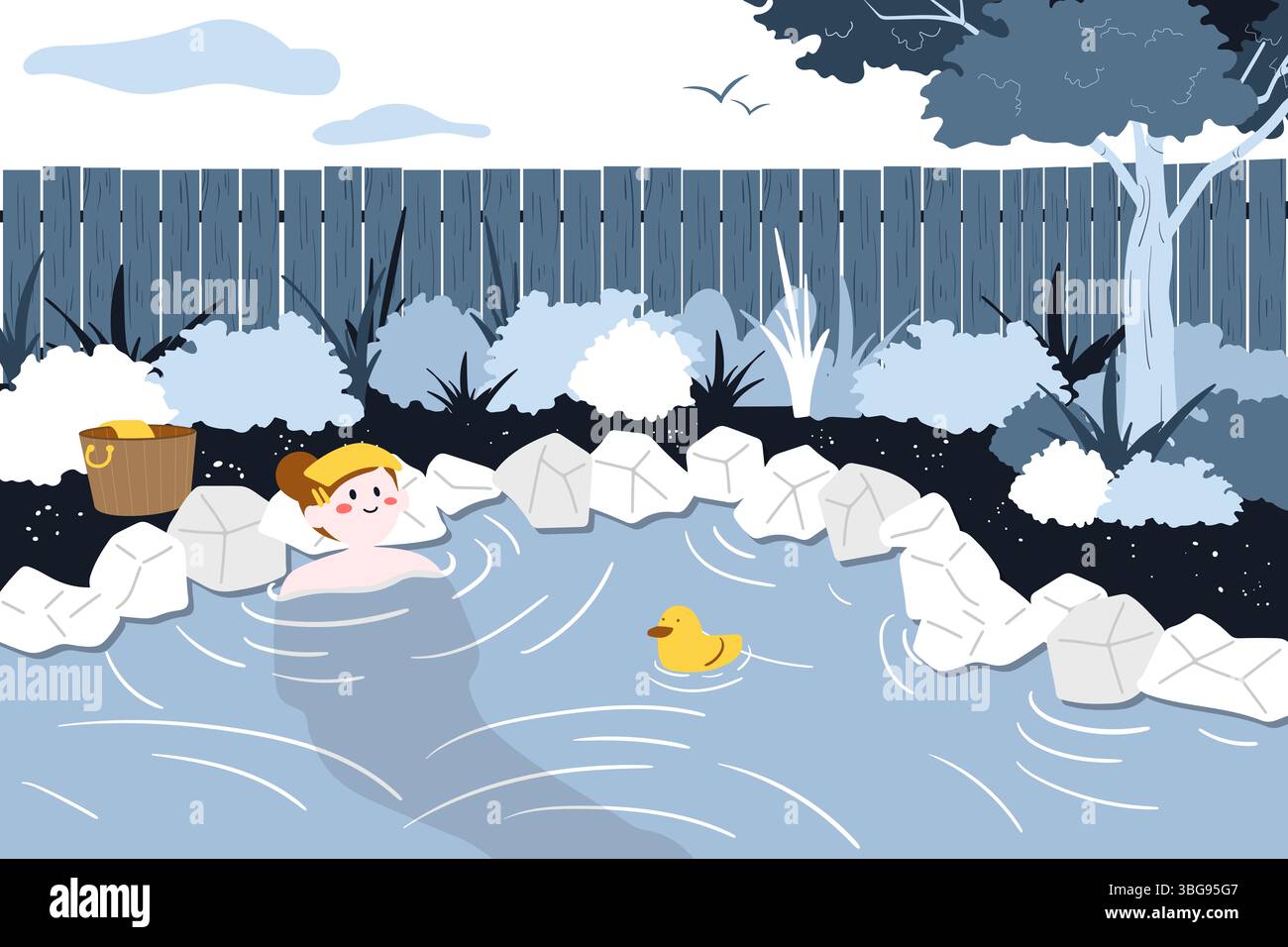 Eine gemütliche, minimalistische Illustration alltäglicher Momente mit Storytelling-Elementen. Eine Frau, die einen Outdoor-Onsen mit einem Entenspielzeug genießt. Kombiniert selbst- Stockfoto