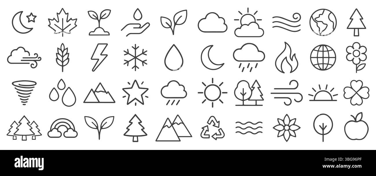 Symbolgruppe der Naturlinie. Frische Umgebung, Wettervorhersage-Symbole Kollektion. Sonne, Berg, Baum, Ökologie, Pflanze, Cloud, Feuer. Vektorillustraten Stock Vektor