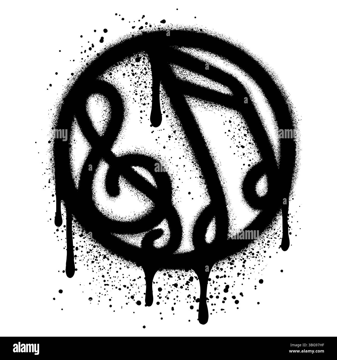 Das Symbol für den Treble-Schlüssel und die Spraynotizen werden separat auf einem weißen Hintergrund innerhalb eines Kreises gesprüht Stock Vektor