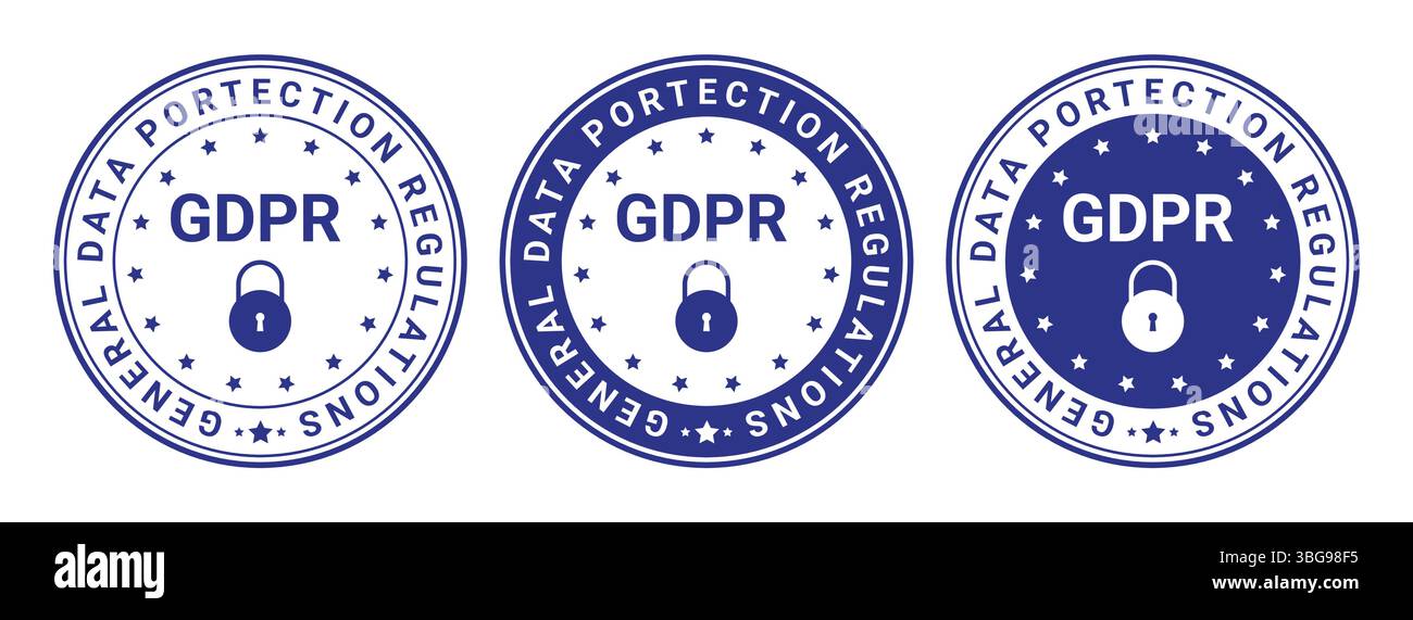 Set aus drei DSGVO-Konformitätsabzeichen in Blau mit Schlosssymbolen und kreisförmigem Design, die für Datenschutz- und Datenschutzbestimmungen verwendet werden Stock Vektor