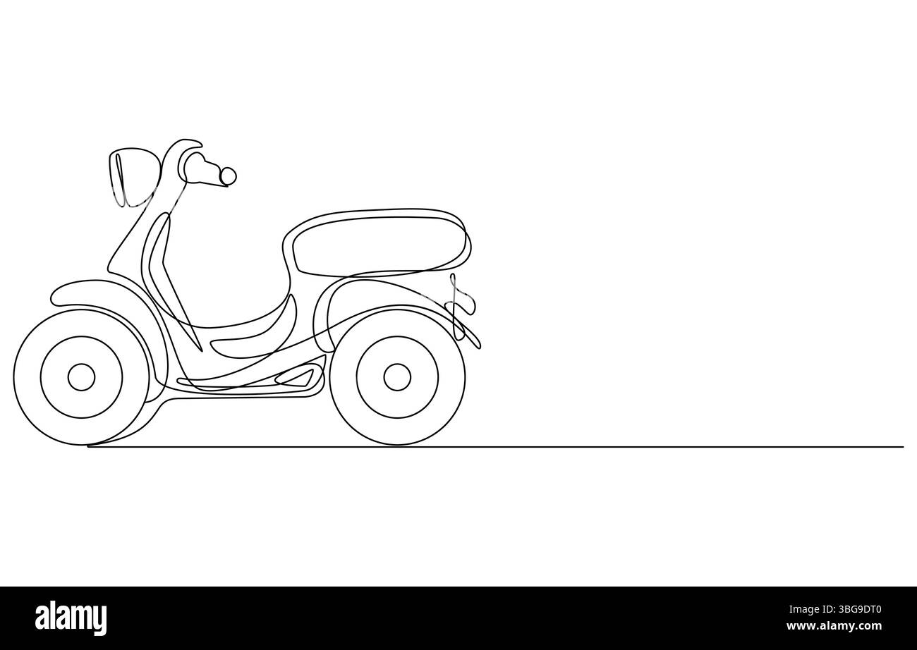 Elektrische Roller-Linienzeichnung, Linienzeichnung eines klassischen Vespa-Rollers, einzeilige Abbildung eines klassischen Rollers Stock Vektor