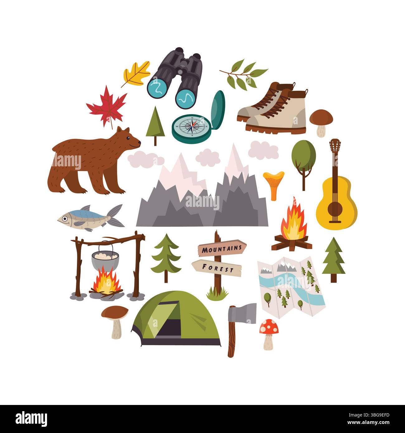 Campingkarte mit farbenfrohen Outdoor-Elementen, die in einem verspielten Kreis angeordnet sind. Beinhaltet Zelt, Rucksack, Karte, Feuer und mehr in flachem Cartoon-Stil. P Stock Vektor