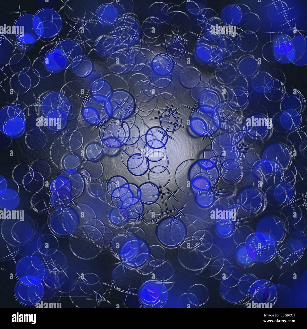 Abstrakter blauer Bokeh-Hintergrund mit schwimmenden Blasen und Sternen, die ein festliches Weihnachtsdesign schaffen. Weißrussland Stockfoto