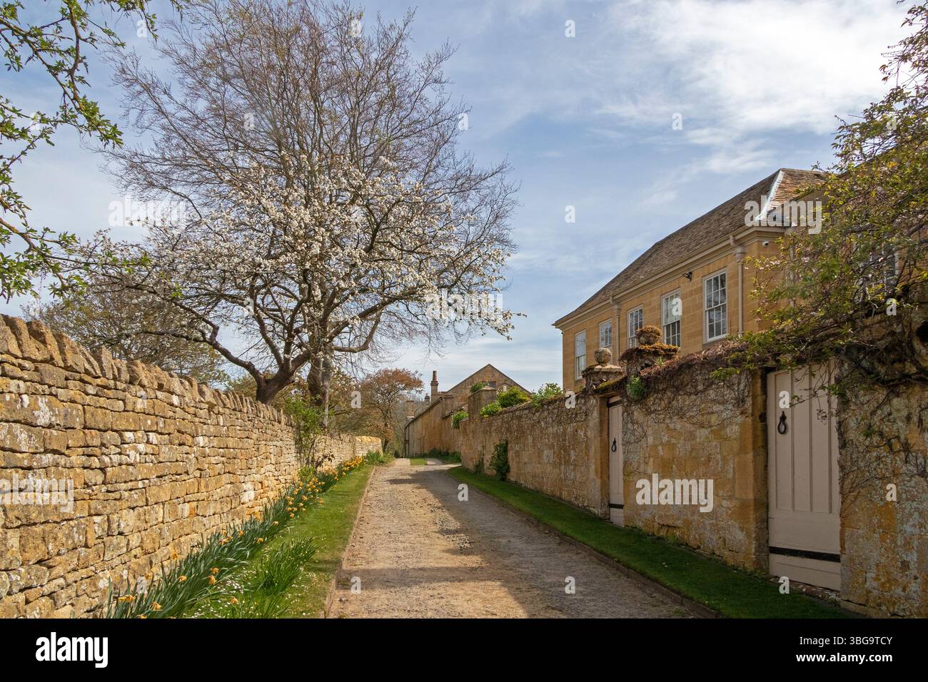 Honigfarbenes Haus, Steinmauern, Lane, Broadway, Worcestershire, Die Cotswolds, England, Großbritannien Stockfoto