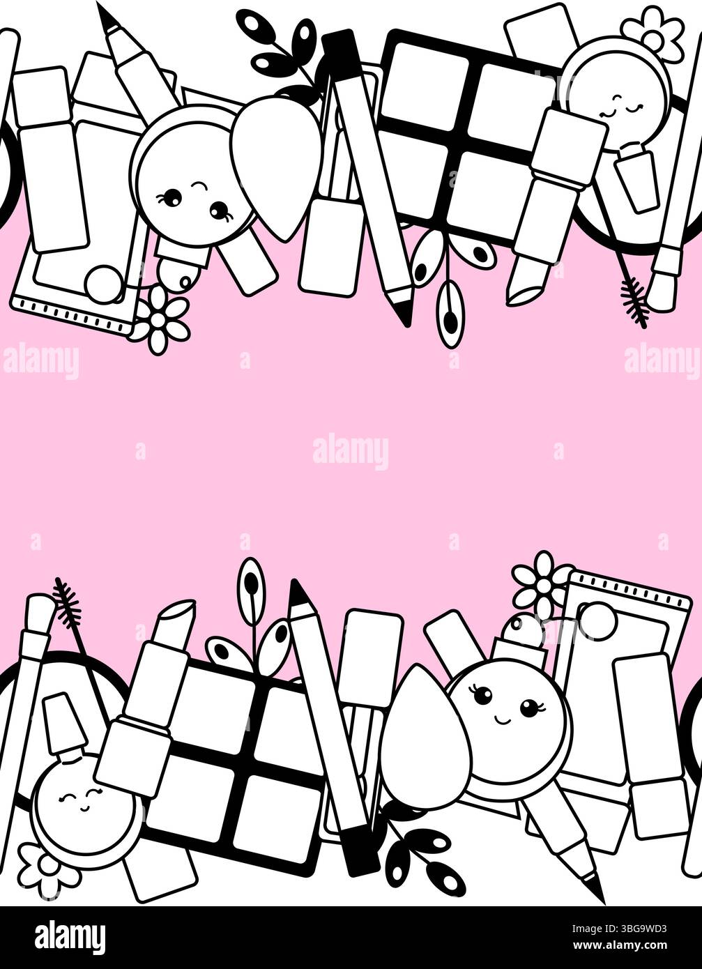 Make-up Schönheit Werkzeuge Kawaii nahtlose Grenze horizontale Rahmen Vorlage Vektor-grafische Linie Illustration. Schwarz-weiß, süße Kosmetik-Make-up-Kunst Stock Vektor