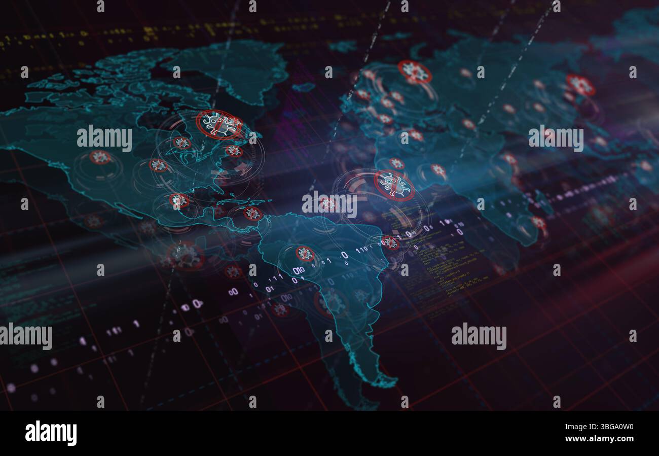 Antiviren-Warnsymbol für Cybersicherheit digitales Konzept. Netzwerk-, Cyber-Technologie-Zeichen und abstrakte 3D-Illustration des Computerhintergrunds. Stockfoto