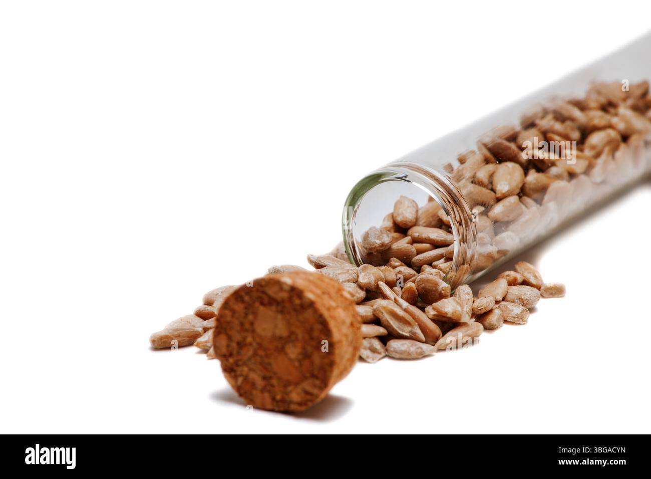 Nahaufnahme einer liegenden Glasröhre mit gefallenen Leinkörnern und Kork auf weißem Hintergrund Stockfoto