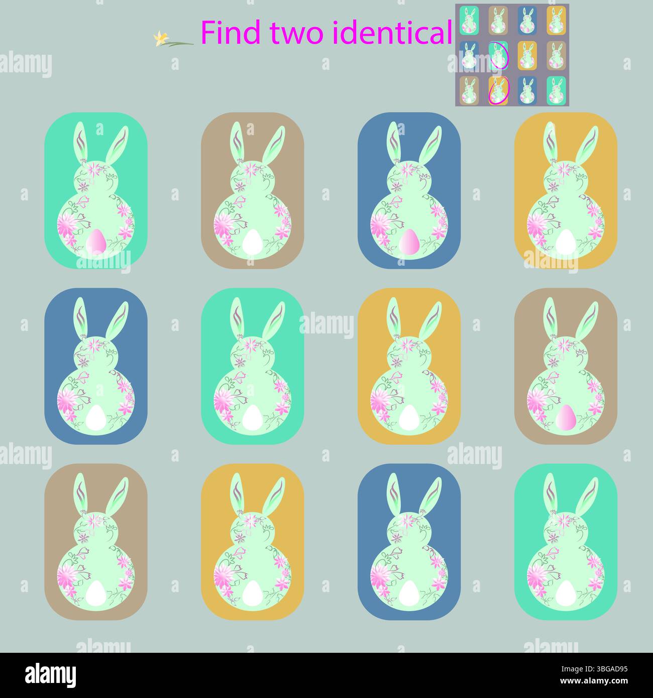 Im lustigen Hasen auf dem Gras Puzzle für Kinder bis 6 Jahre finden Sie 2 identische Bilder Stock Vektor