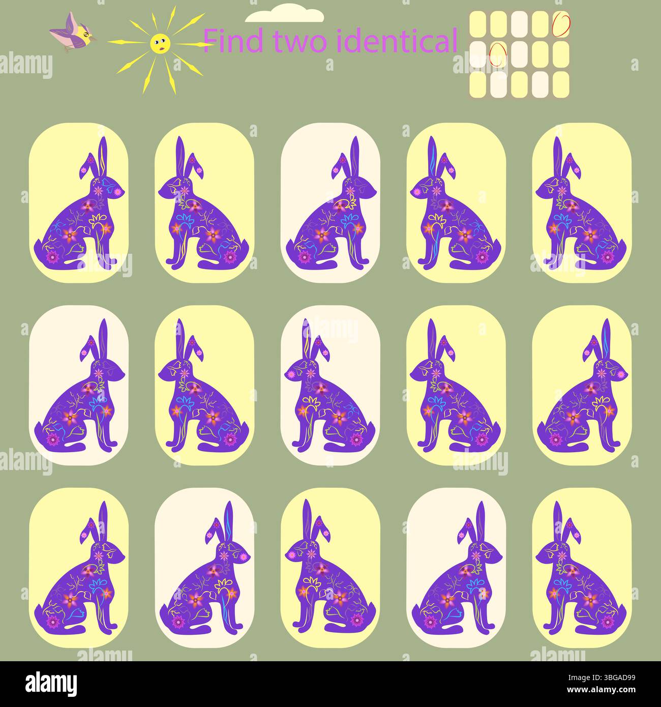 Im lustigen Hasen auf dem Gras Puzzle für Kinder bis 6 Jahre finden Sie 2 identische Bilder Stock Vektor