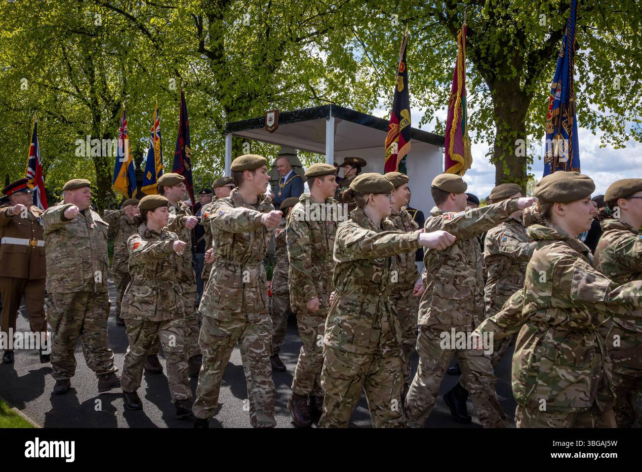 Der ANZAK Day 2024 wurde am 28. April in Soldier's Corner auf dem Warrington Cemetery gefeiert Stockfoto