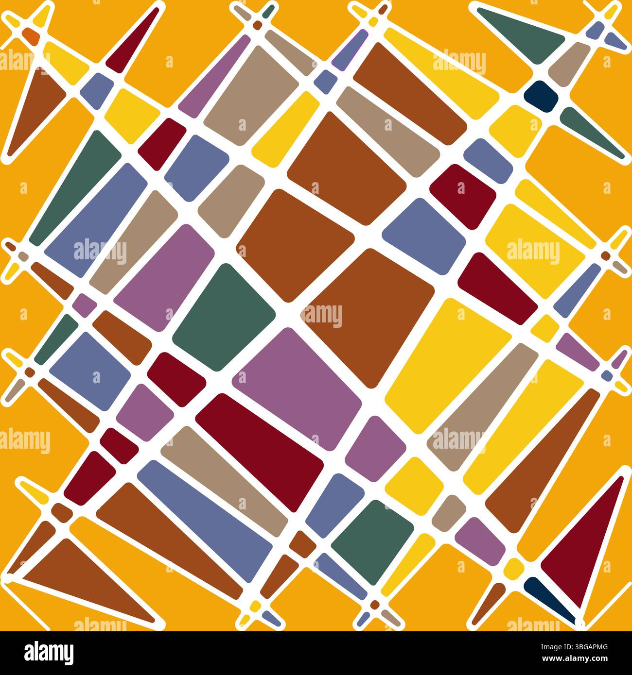 Ein lebendiges nahtloses Vektormuster mit einer reichen, vom Herbst inspirierten Farbpalette von Orange, Gelb, Burgunderrot, Grün, Blau, und violett. Dieses warme geometrische Stock Vektor