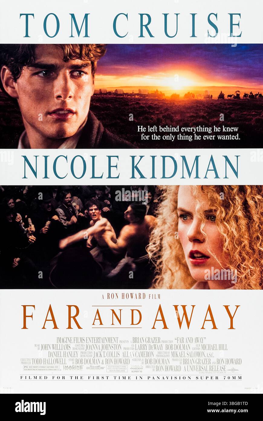 Far and Away (1992) von Ron Howard mit Tom Cruise, Nicole Kidman und Thomas Gibson. Zwei irische Immigranten reisen nach Amerika auf der Suche nach Land und einem neuen Leben, wo sie sich im epischen Land Run von 1893 mit Not und Romantik auseinandersetzen. Foto eines Original-Posters mit einem Blatt (US) NUR FÜR REDAKTIONELLE ZWECKE. Quelle: BFA / Universal Pictures Stockfoto