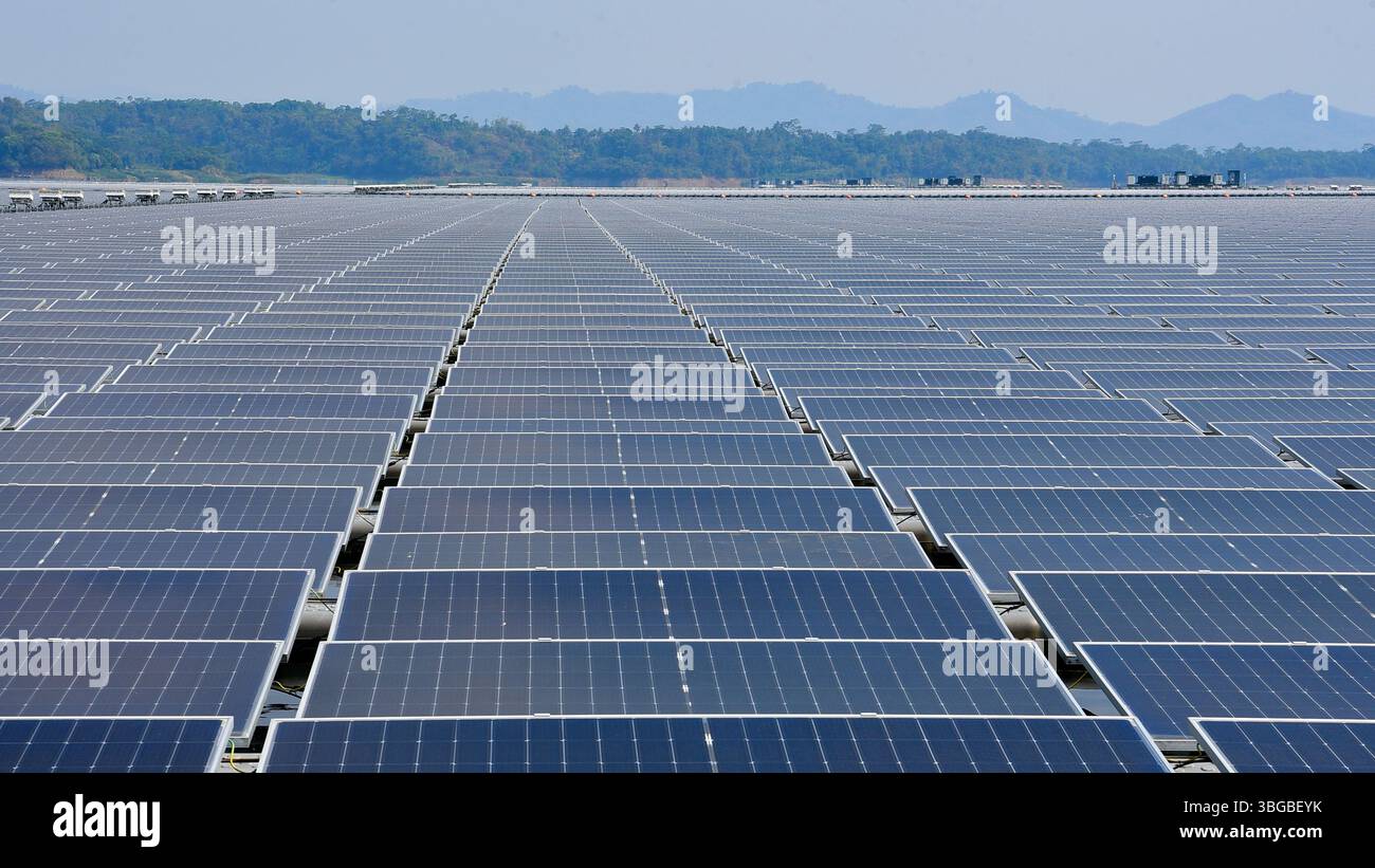 Eine große Auswahl schwimmender Solarpaneele auf einem Wasserreservoir mit bewaldeten Hügeln und Bergen im Hintergrund. 3D-Rendering Stockfoto