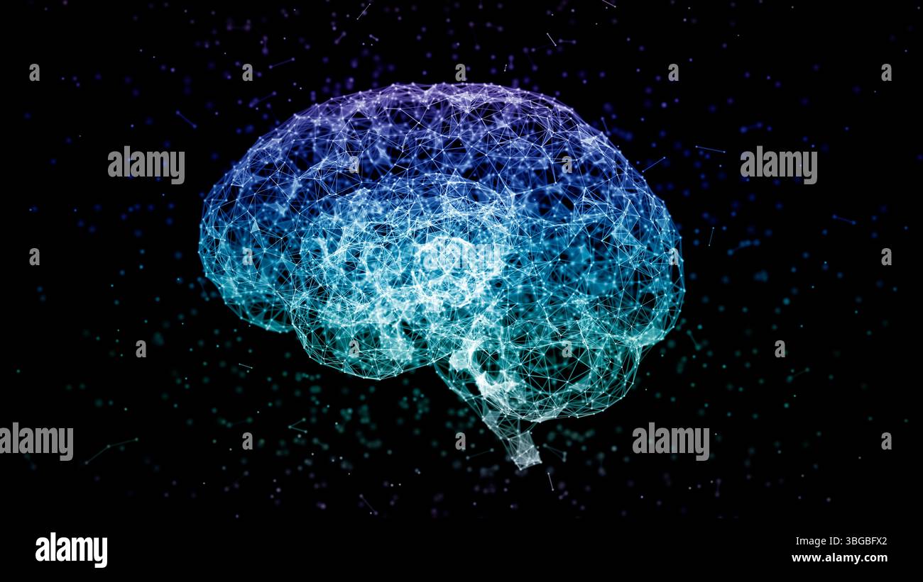 Künstliches Intelligenzkonzept: Blaue Linien, Punkte und Polygone bilden ein menschliches Gehirn. Wissenschaftliche und technologische Hintergründe. Tiefe der Feldeinstellungen. 3D r Stockfoto