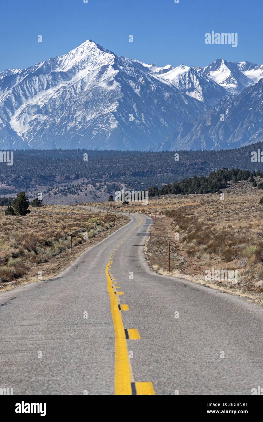 Die Benton Crossing Road im Osten Kaliforniens führt in Richtung des entfernten Nordkamms des Mount Tom in der Sierra Nevada Mountain Range Stockfoto