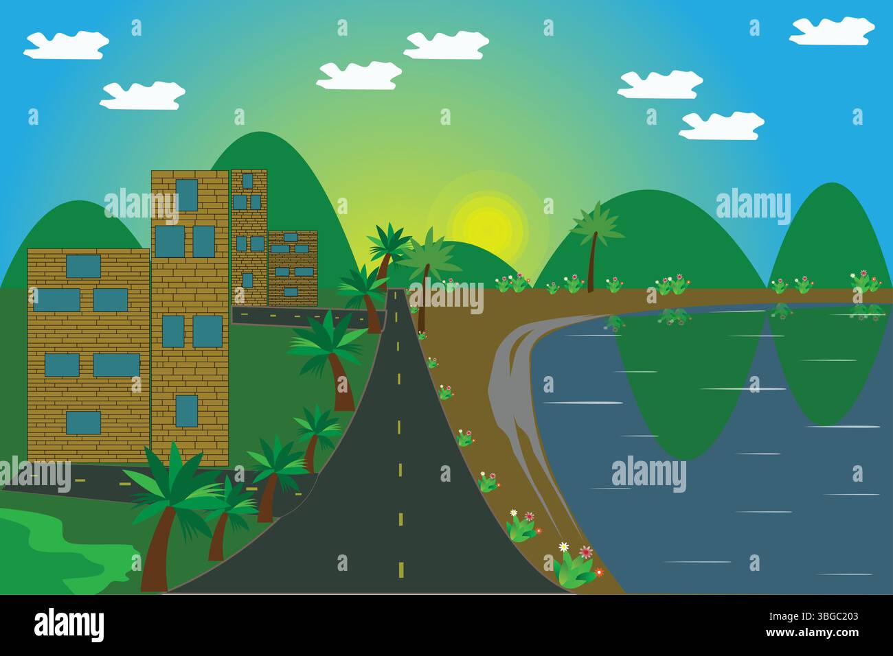 Sonnenuntergang am See mit Road und Green Hills – Illustration im Cartoon-Stil Stock Vektor