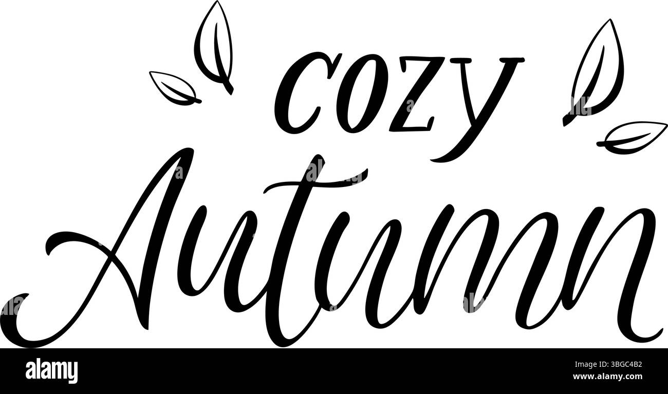 Handgeschriebener gemütlicher Herbsttext mit dekorativen Blättern, perfekt für Grußkarten, saisonale Designs oder gemütliche Herbstprojekte. Stock Vektor