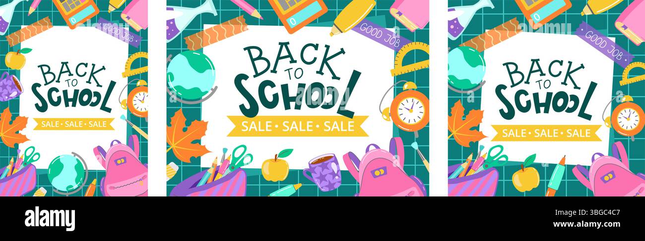 Fröhliche Back-to-School-Banner mit lebendigem Schulmaterial, Werbebändern und Herbstelementen – perfekt für Werbedesigns. Stock Vektor