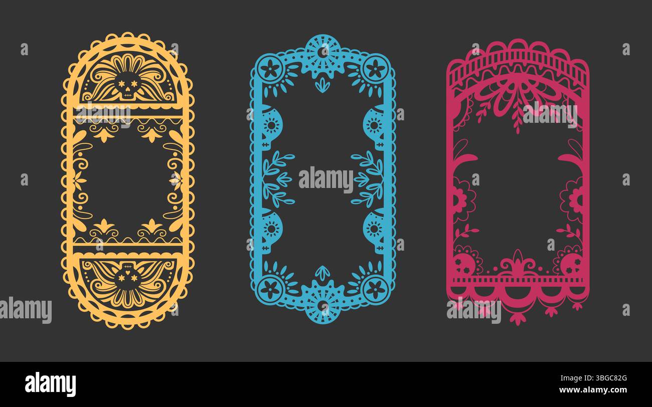 Picado-Rahmen aus mexikanischem Papel – verzierte Randausschnitte mit Totenkopfmotiven, Blumenmustern und dekorativen Kanten in gelben, blauen und rosa Farben. Traditionelle fiesta-Banner für Dia de los Muertos. Stock Vektor